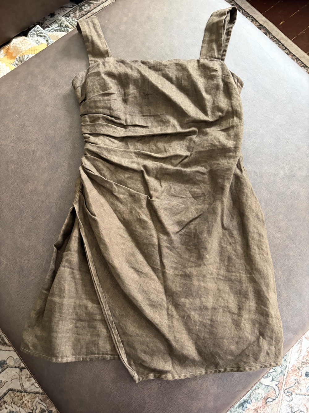 Reformation Olive Brown Linen Ruched Mini Dress Size